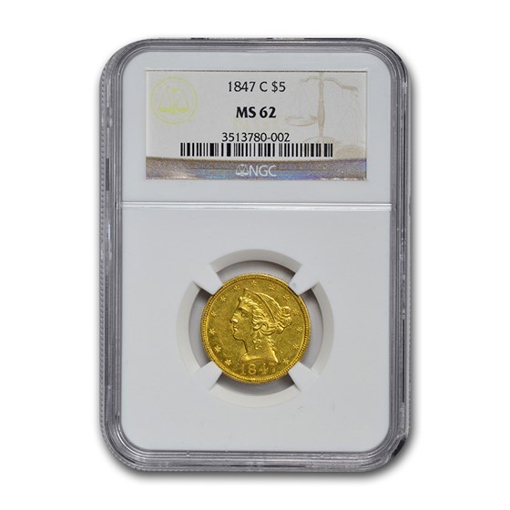 1847-C $5 Liberty Gold Half Eagle MS-62 NGC 1847-C $5 Liberty Gold Half Eagle MS-62 NGC
